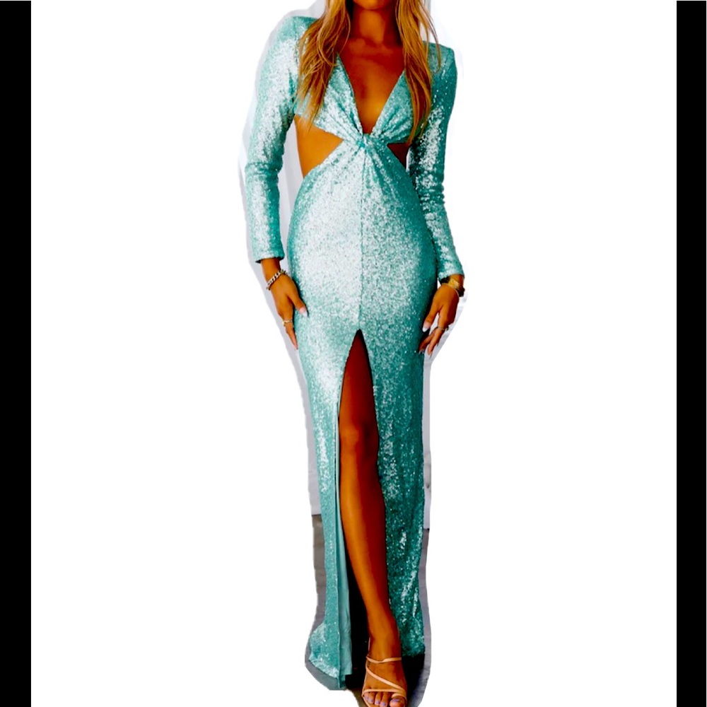 HELLO MOLLY DEAR EMILIA AZALEA MAXI DRESS AQUA sequin cutout dress xs